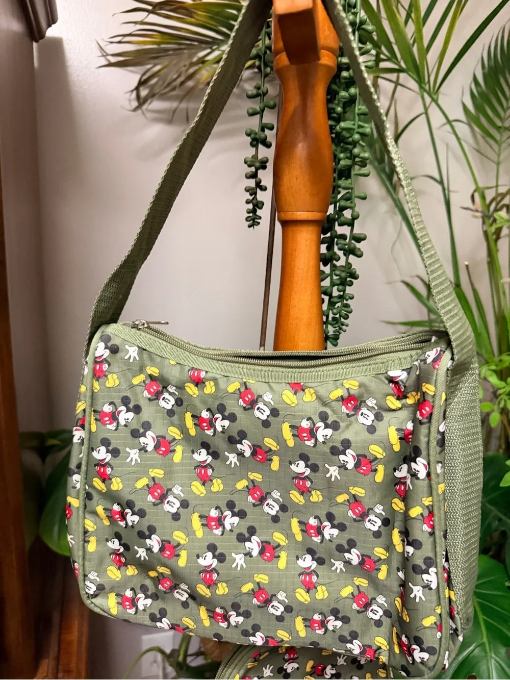 Vintage Disney Mickey Mouse Olive Green Nylon Shoulder Bag & Matching Pouch Set
